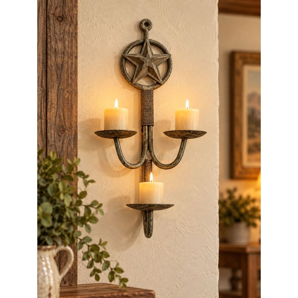 Primitive Wrought Iron Star Wall Sconce 3 Candle Holder 21" Rustic Farmhouse